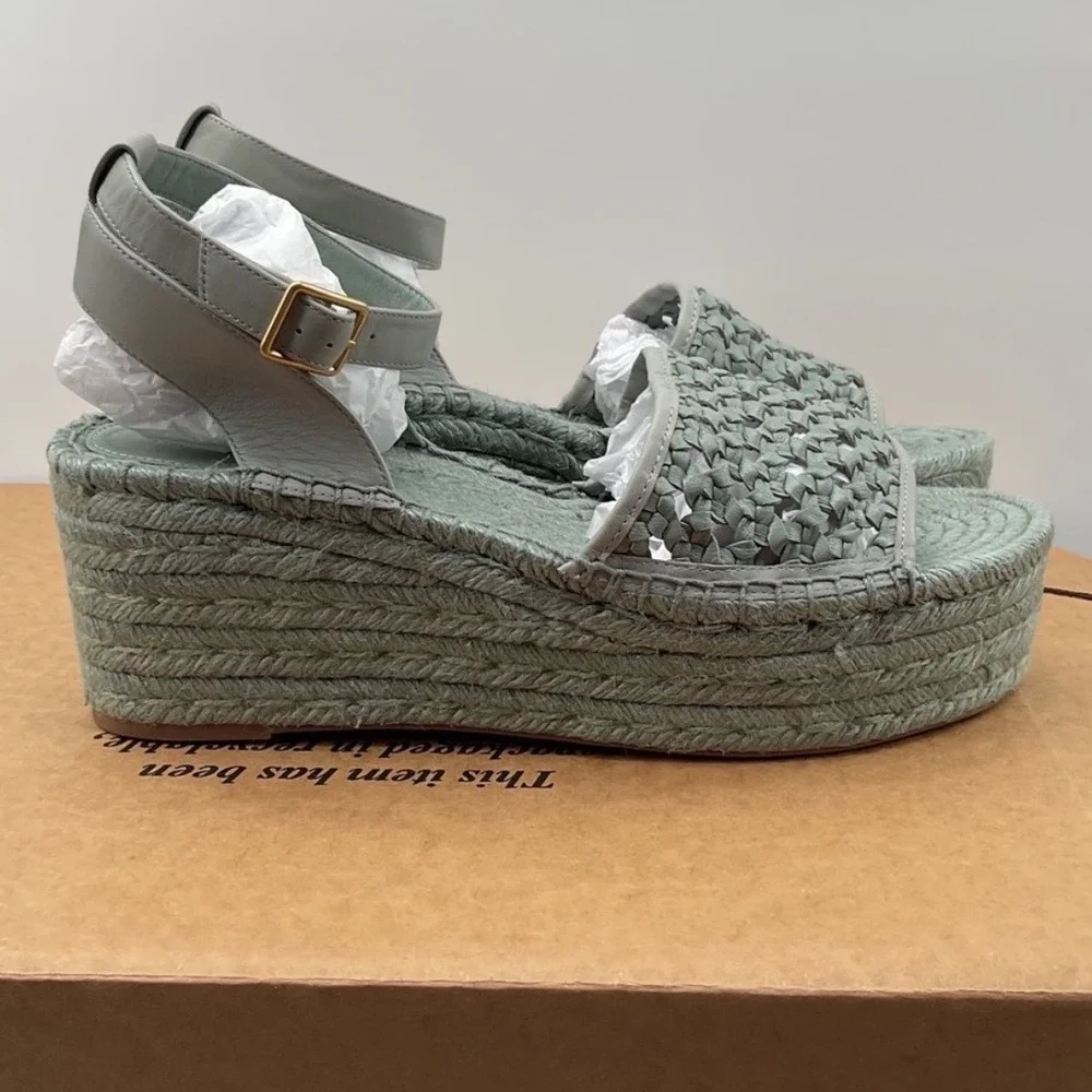 Tory Burch Selby Sage Green Woven Leather Espadrille Wedge Sandals Size 12